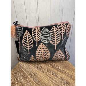 Pink Gray Velvet Pouch Leaves Large Makeup Bag 8 x 6 inches NEW FAST SHIP